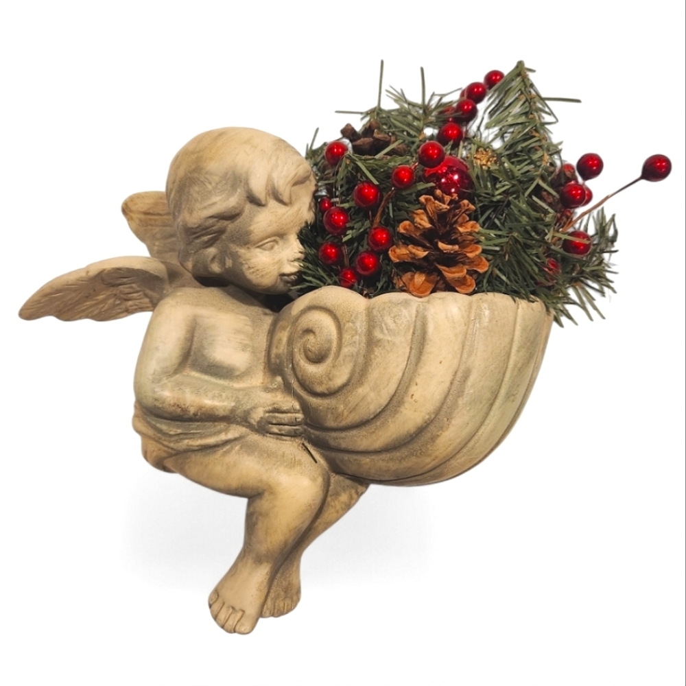 Vintage Ceramic Christmas Cherub with Shell Hanging Planter